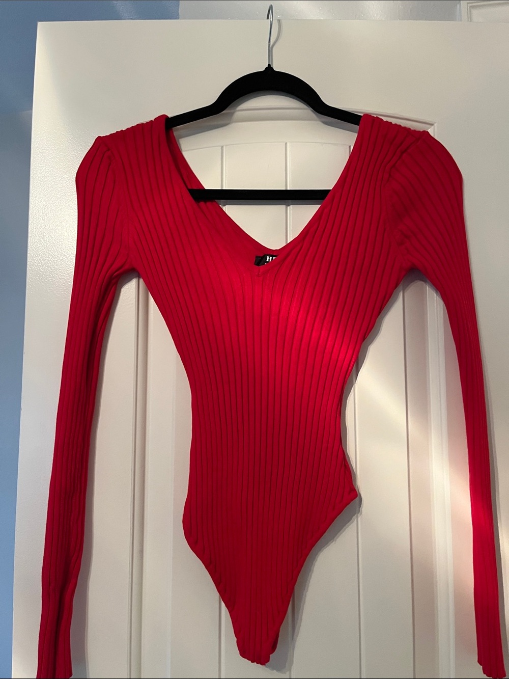 Hera Collection Ribbed V-Neck Long-Sleeve Bodysuit - Red